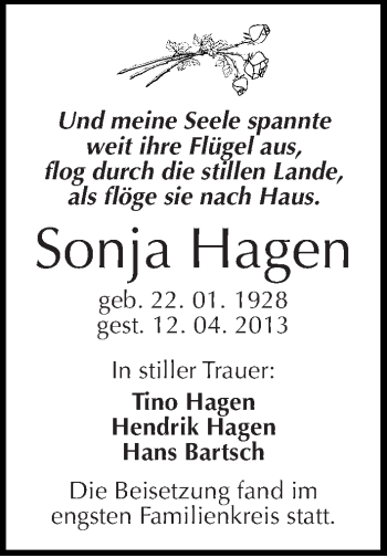 Traueranzeige von Sonja Hagen von Mitteldeutsche Zeitung Halle/Saalkreis