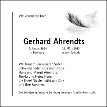 Traueranzeige von Gerhard Ahrendts von Mitteldeutsche Zeitung Bernburg