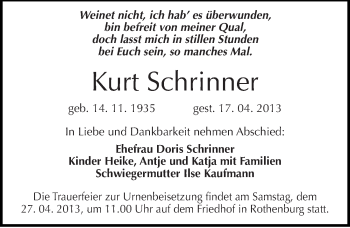 Traueranzeige von Kurt Schrinner von Mitteldeutsche Zeitung Halle/Saalkreis