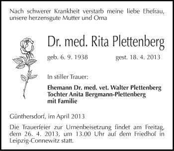 Traueranzeige von Rita Plettenberg von Mitteldeutsche Zeitung Merseburg/Querfurt
