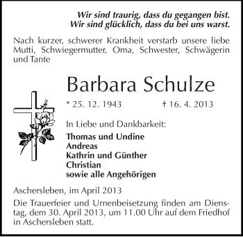 Traueranzeige von Barbara Schulze von Mitteldeutsche Zeitung Aschersleben