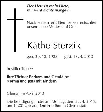 Traueranzeige von Käthe Sterzik von Mitteldeutsche Zeitung Naumburg/Nebra