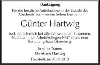 Traueranzeige von Günter Hartwig von Mitteldeutsche Zeitung Aschersleben