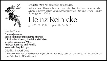 Traueranzeige von Heinz Reinicke von Mitteldeutsche Zeitung Merseburg/Querfurt