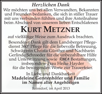 Traueranzeige von Kurt Metzner von Mitteldeutsche Zeitung Halle/Saalkreis