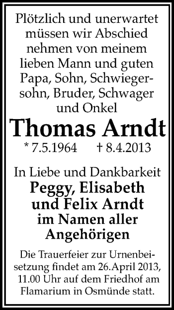 Traueranzeige von Thomas Arndt von Mitteldeutsche Zeitung Halle/Saalkreis