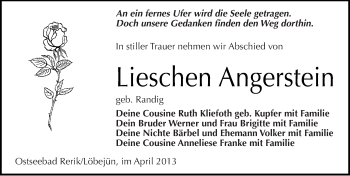 Traueranzeige von Lieschen Angerstein von Mitteldeutsche Zeitung Halle/Saalkreis