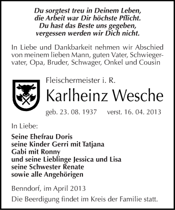 Traueranzeige von Karlheinz Wesche von Mitteldeutsche Zeitung Aschersleben
