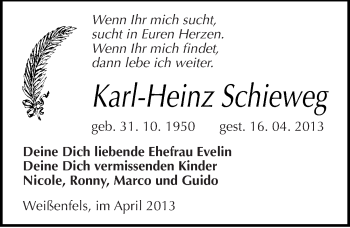Traueranzeige von Karl-Heinz Schieweg von Mitteldeutsche Zeitung Weißenfels