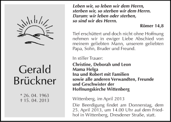 Traueranzeige von Gerald Brückner von Mitteldeutsche Zeitung Wittenberg