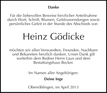 Traueranzeige von Heinz Gödicke von Mitteldeutsche Zeitung Sangerhausen