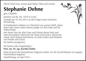 Traueranzeige von Stephanie Dehne von Mitteldeutsche Zeitung Quedlinburg