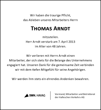 Traueranzeige von Thomas Arndt von Mitteldeutsche Zeitung Halle/Saalkreis