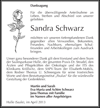 Traueranzeige von Sandra Schwarz von Mitteldeutsche Zeitung Halle/Saalkreis