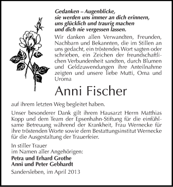 Traueranzeige von Anni Fischer von Mitteldeutsche Zeitung Aschersleben