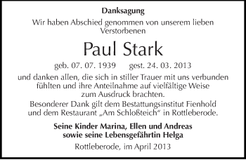 Traueranzeige von Paul Stark von Mitteldeutsche Zeitung Sangerhausen