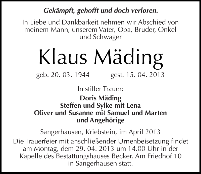  Traueranzeige für Klaus Mäding vom 20.04.2013 aus Mitteldeutsche Zeitung Sangerhausen