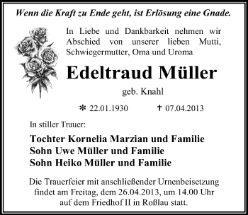 Traueranzeige von Edeltraud Müller von Mitteldeutsche Zeitung Dessau-Roßlau