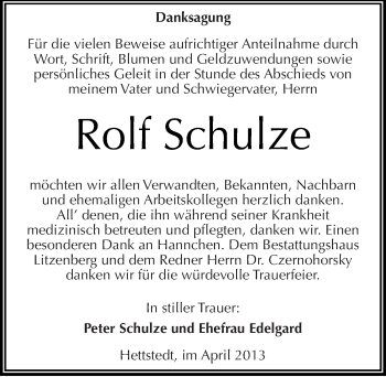 Traueranzeige von Rolf Schulze von Mitteldeutsche Zeitung Aschersleben