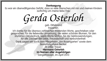 Traueranzeige von Gerda Osterloh von Mitteldeutsche Zeitung Sangerhausen
