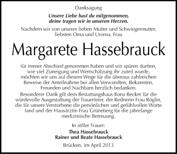 Traueranzeige von Margarete Hassebrauck von Mitteldeutsche Zeitung Sangerhausen