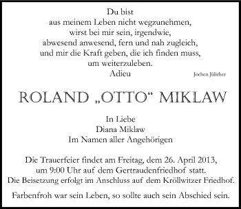 Traueranzeige von Roland Miklaw von Mitteldeutsche Zeitung Halle/Saalkreis