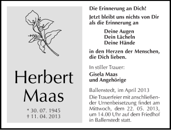 Traueranzeige von Herbert Maas von Mitteldeutsche Zeitung Quedlinburg