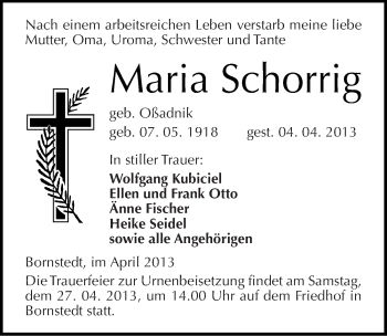 Traueranzeige von Maria Schorrig von Mitteldeutsche Zeitung Aschersleben