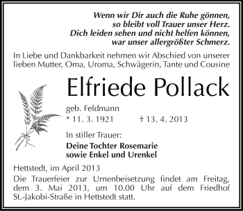 Traueranzeige von Elfriede Pollack von Mitteldeutsche Zeitung Aschersleben