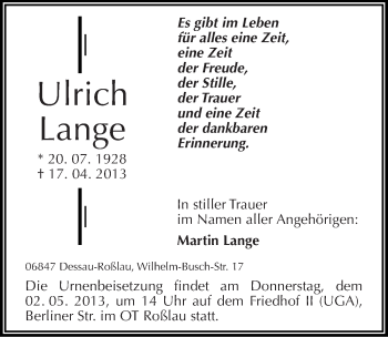 Traueranzeige von Ulrich Lange von Mitteldeutsche Zeitung Dessau-Roßlau