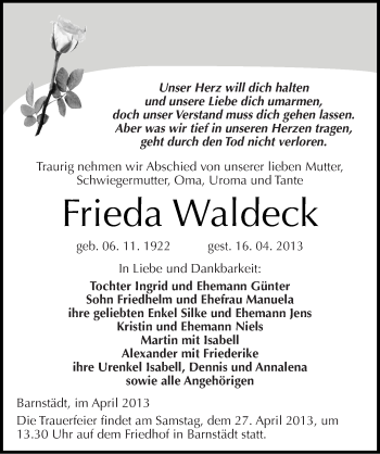 Traueranzeige von Frieda Waldeck von Mitteldeutsche Zeitung Merseburg/Querfurt