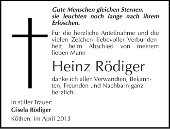 Traueranzeige von Heinz Rödiger von Mitteldeutsche Zeitung Köthen