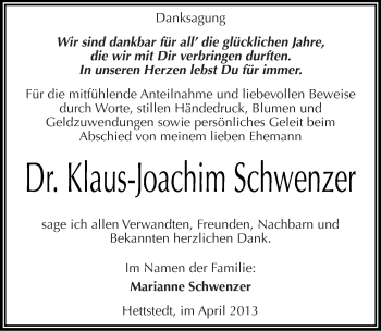 Traueranzeige von Klaus-Joachim Schwenzer von Mitteldeutsche Zeitung Aschersleben