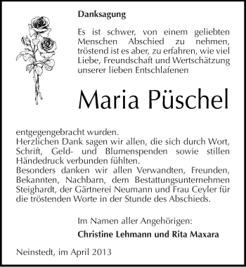 Traueranzeige von Maria Püschel von Mitteldeutsche Zeitung Quedlinburg