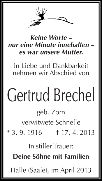 Traueranzeige von Gertrud Brechel von Mitteldeutsche Zeitung Halle/Saalkreis