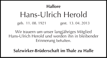 Traueranzeige von Hans-Ulrich Herold von Mitteldeutsche Zeitung Halle/Saalkreis