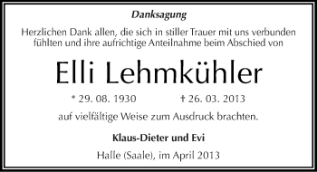 Traueranzeige von Elli Lehmkühler von Mitteldeutsche Zeitung Halle/Saalkreis