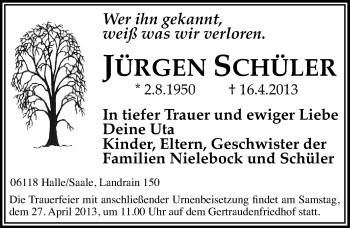 Traueranzeige von Jürgen Schüler von Mitteldeutsche Zeitung Halle/Saalkreis