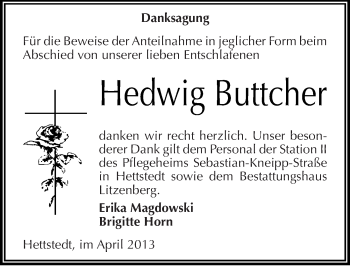 Traueranzeige von Hedwig Buttcher von Mitteldeutsche Zeitung Aschersleben