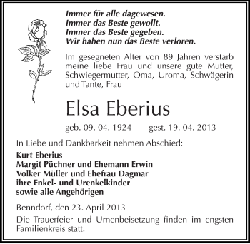 Traueranzeige von Elsa Eberius von Mitteldeutsche Zeitung Aschersleben