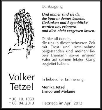 Traueranzeige von Volker Tetzel von Mitteldeutsche Zeitung Aschersleben