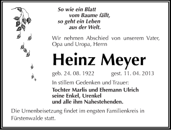 Traueranzeige von Heinz Meyer von Mitteldeutsche Zeitung Weißenfels