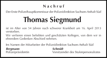 Traueranzeige von Thomas Siegmund von Mitteldeutsche Zeitung Halle/Saalkreis