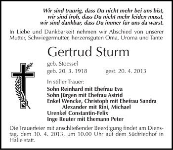 Traueranzeige von Gertrud Sturm von Mitteldeutsche Zeitung Halle/Saalkreis
