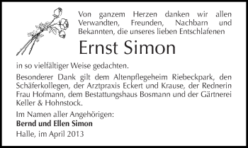 Traueranzeige von Ernst Simon von Mitteldeutsche Zeitung Halle/Saalkreis