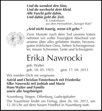 Traueranzeige von Erika Nawrocki von Mitteldeutsche Zeitung Naumburg/Nebra