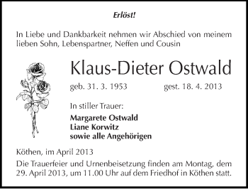 Traueranzeige von Klaus-Dieter Ostwald von Mitteldeutsche Zeitung Köthen