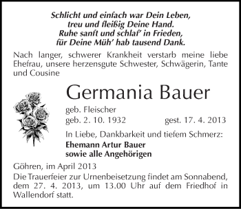 Traueranzeige von Germania Bauer von Mitteldeutsche Zeitung Merseburg/Querfurt