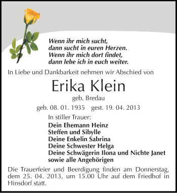 Traueranzeige von Erika Klein von Mitteldeutsche Zeitung Köthen