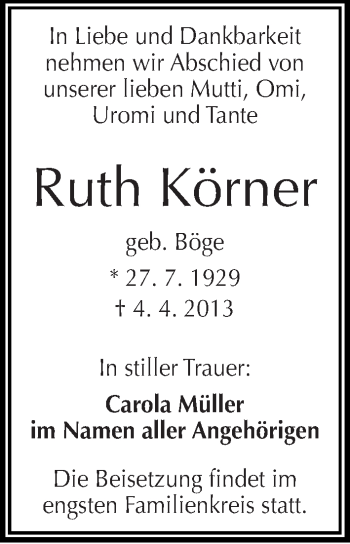 Traueranzeige von Ruth Körner von Mitteldeutsche Zeitung Halle/Saalkreis